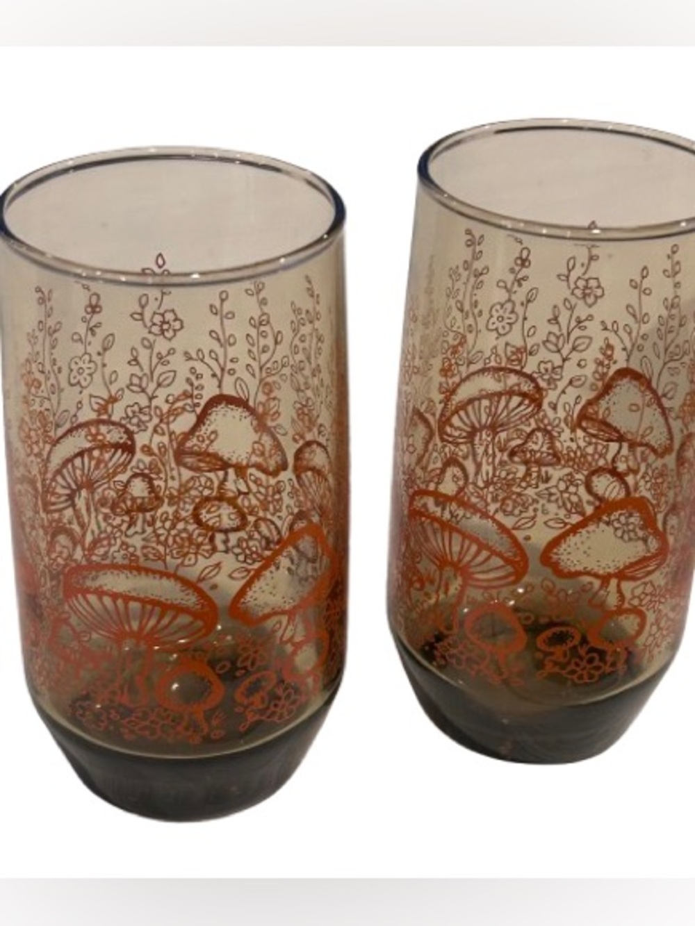 2 VTG Anchor Hocking Mushroom Juice Glasses Smokey Glass 70s Hippie Cottagecore